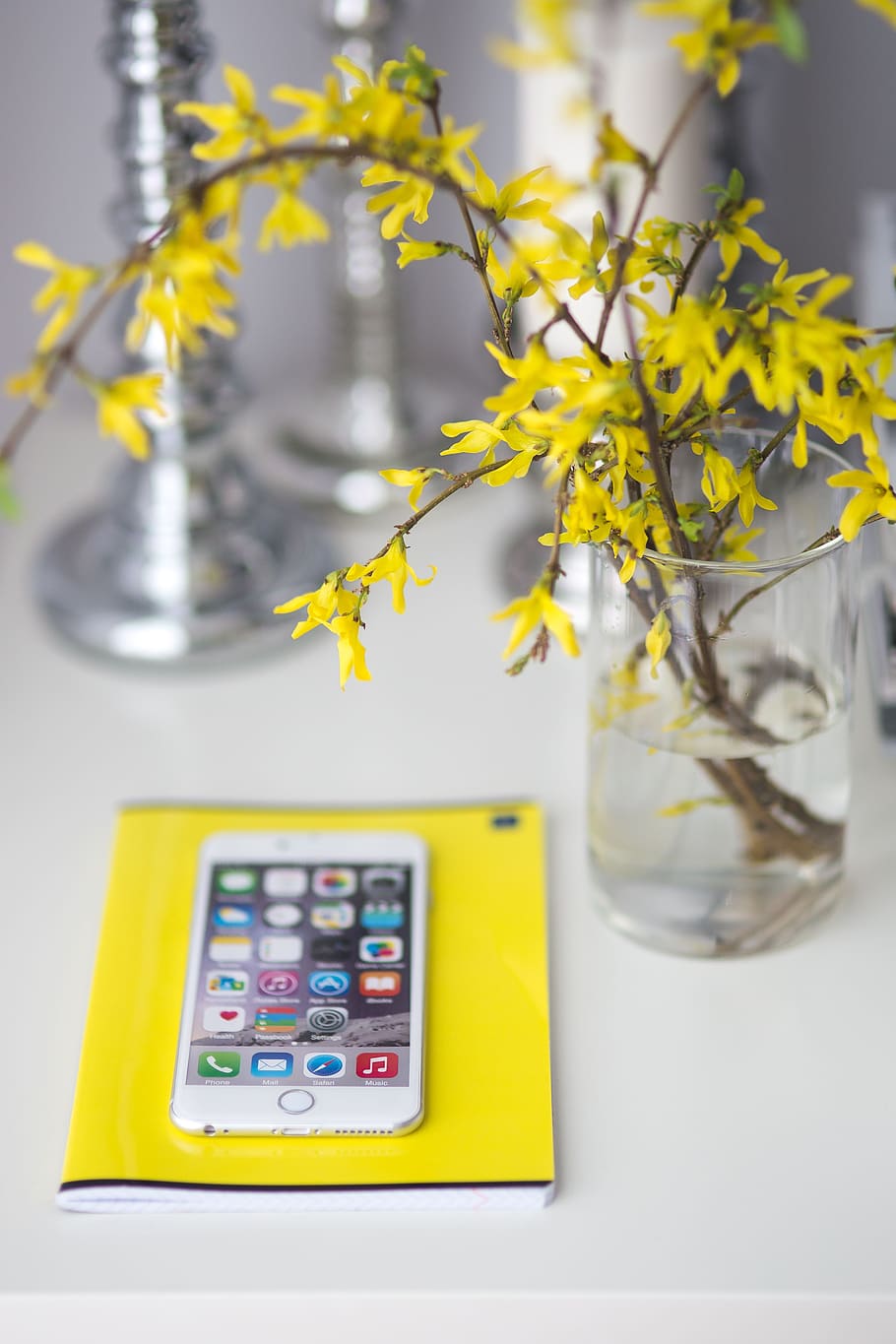 flores, amarillo, cuaderno, teléfono inteligente, teléfono móvil, teléfono celular, bloc de notas, blanco, flor, planta