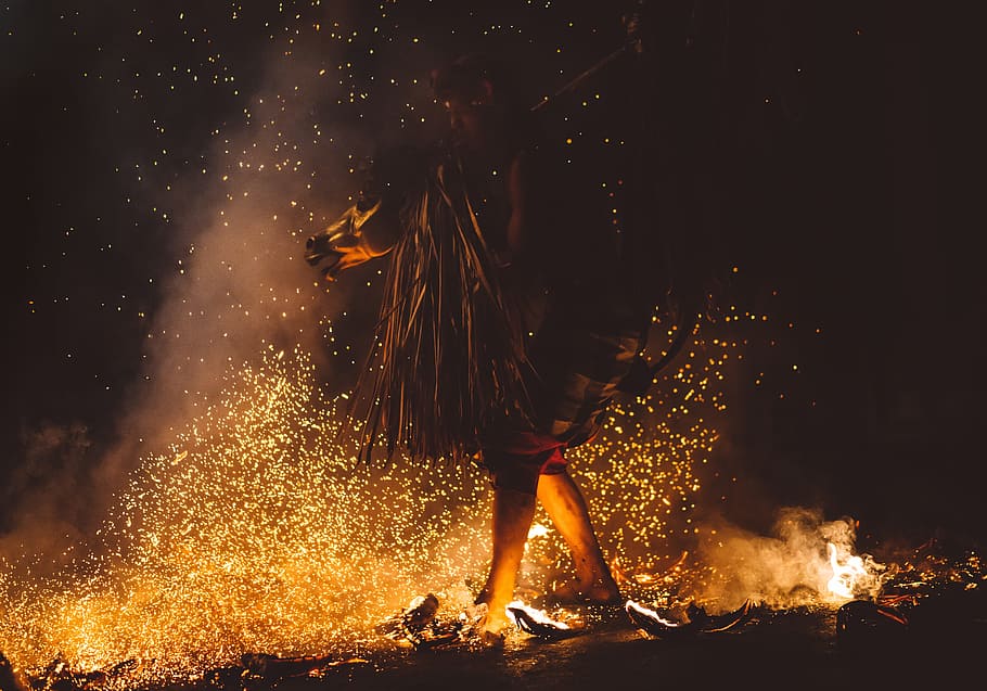 person, walking, fire photo, dark, people, man, costume, props, fire, flame