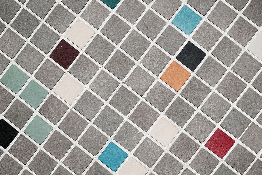 tile digital wallpaper, squares, tiles, rough, gray, red, black, blue, backgrounds, pattern
