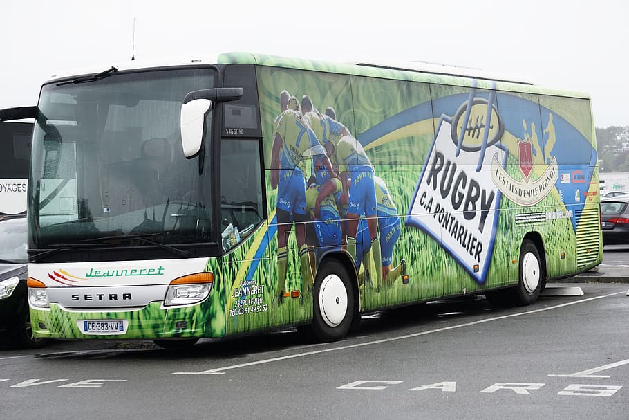bus, support, players, sport, rugby, tranport, road, green, sports, transportation