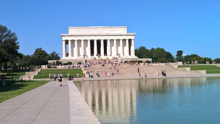 architecture, sky, outdoors, travel, lincoln, memorial, water, group of people, tourism, travel destinations
