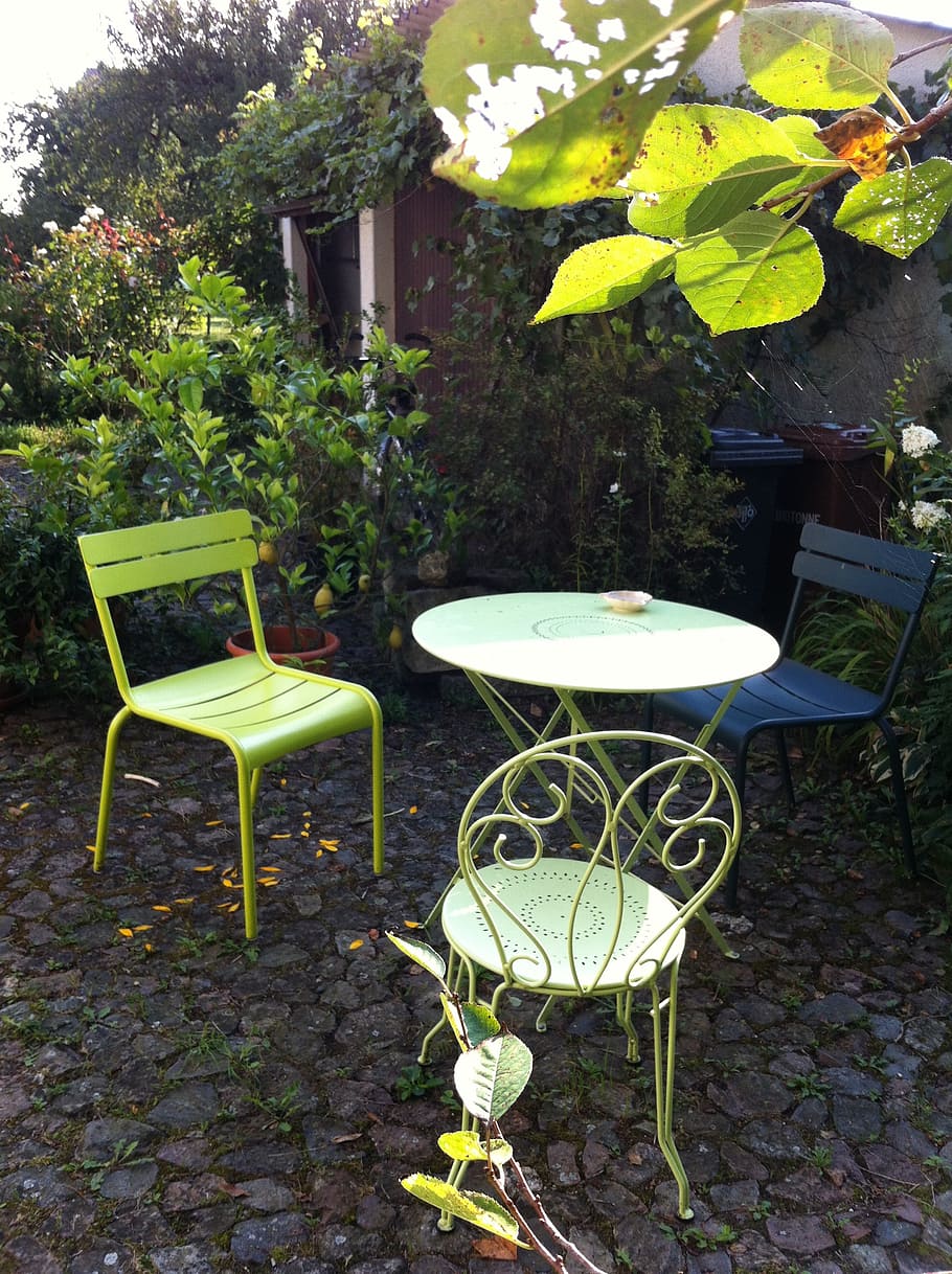 garden, chairs, table, break, plant, nature, seat, chair, front or back yard, leaf
