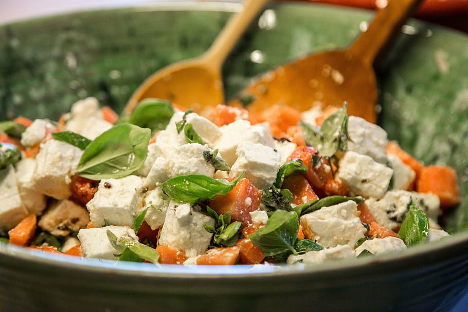 green, salad, cheese, feta cheese, healthy, basil, delicious, eat, food and drink, healthy eating