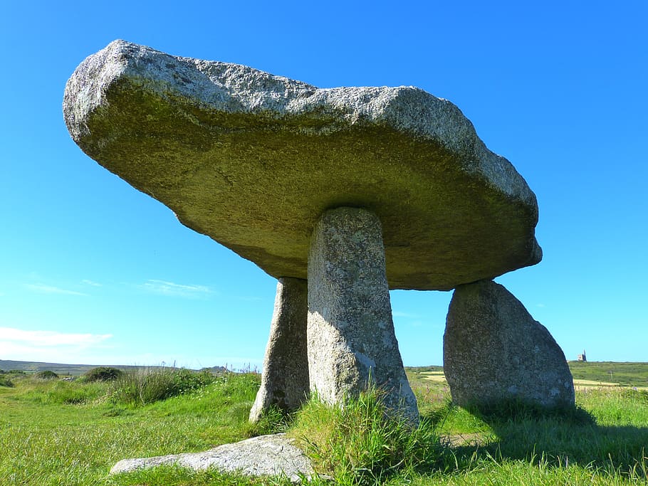 gray, rock formation, green, grass field, clear, blue, sky, lanyon quoit, quoit giant's, giant's table