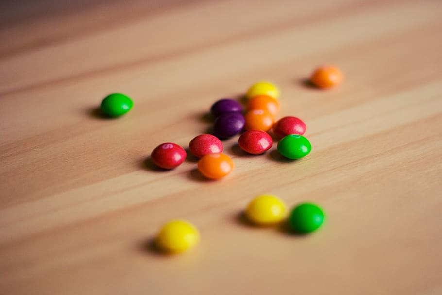 skittles, candy, food, colors, colours, multi colored, indoors, table, marbles, close-up