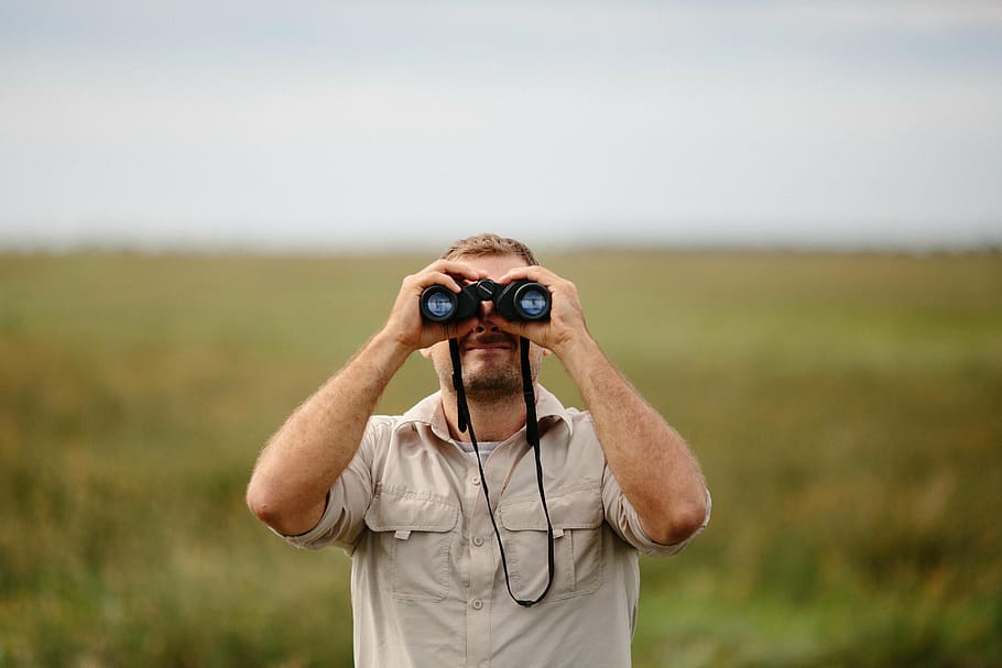 man, using, black, binoculars, people, green, nature, landscape, grass, one man only