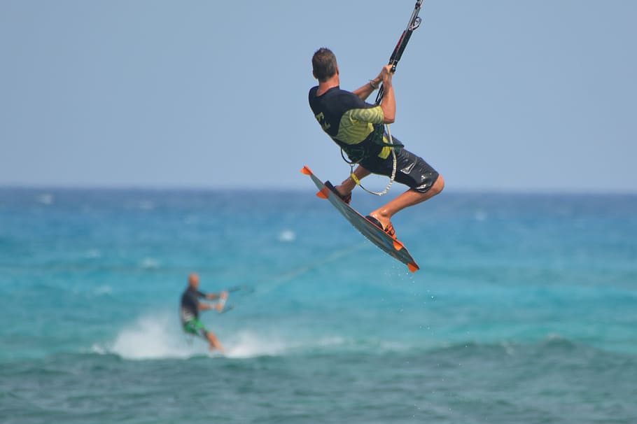 man, playing, surf, midair, Kite Surfing, Man, People, Sports, people, sea, ocean