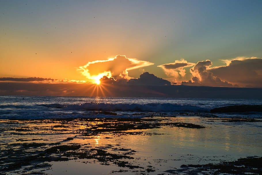 sunrise, mona vale, sydney, australia, rocks, ocean, beach, water, reflection, sky