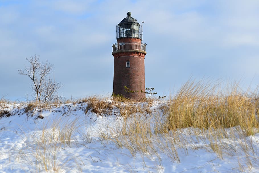 lighthouse, prerow, baltic sea, winter, snow, cold temperature, tower, building exterior, guidance, land