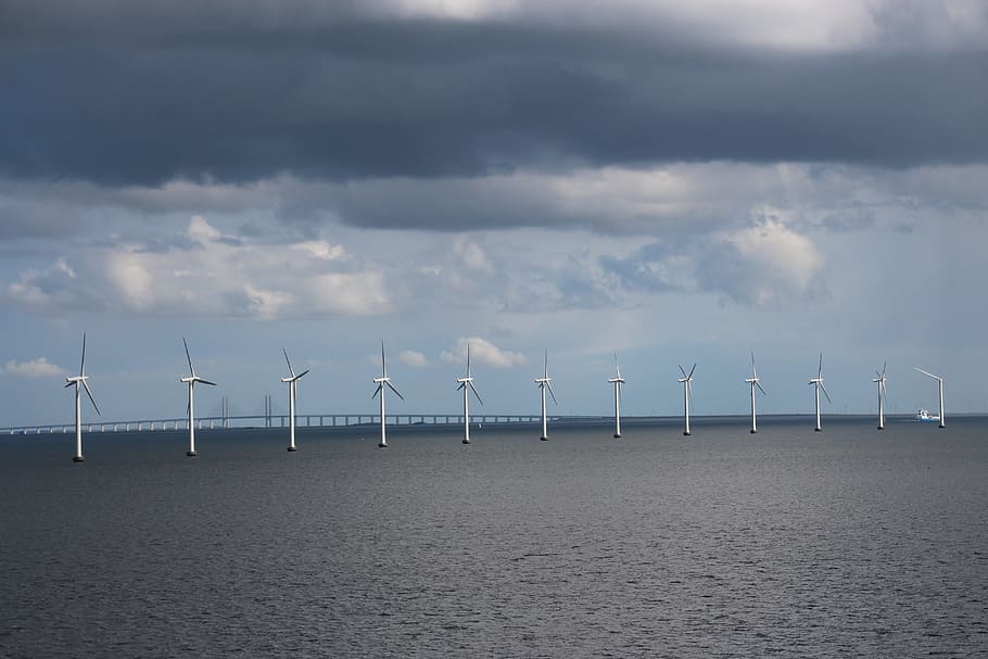 Oresund, Denmark, Sweden, Copenhagen, bridge, wind Turbine, fuel and Power Generation, electricity, wind, sky