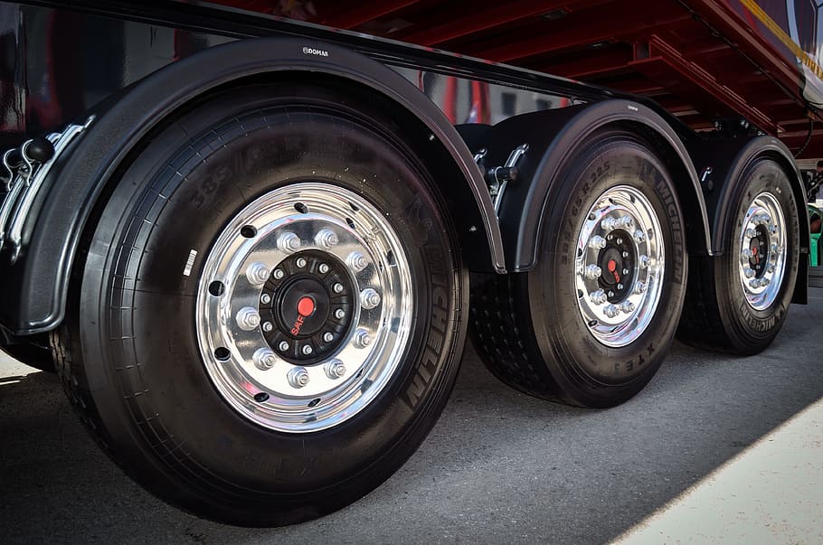 three, chrome truck wheels, tires, wheels, tire, wheel, car, rim, tyres, car tires