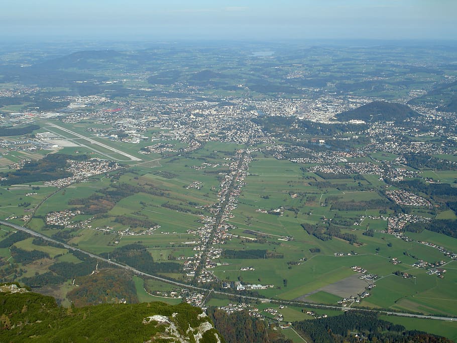 salzburg basin, viewed, air, Salzburg, basin, Austria, photos, landscape, public domain, town