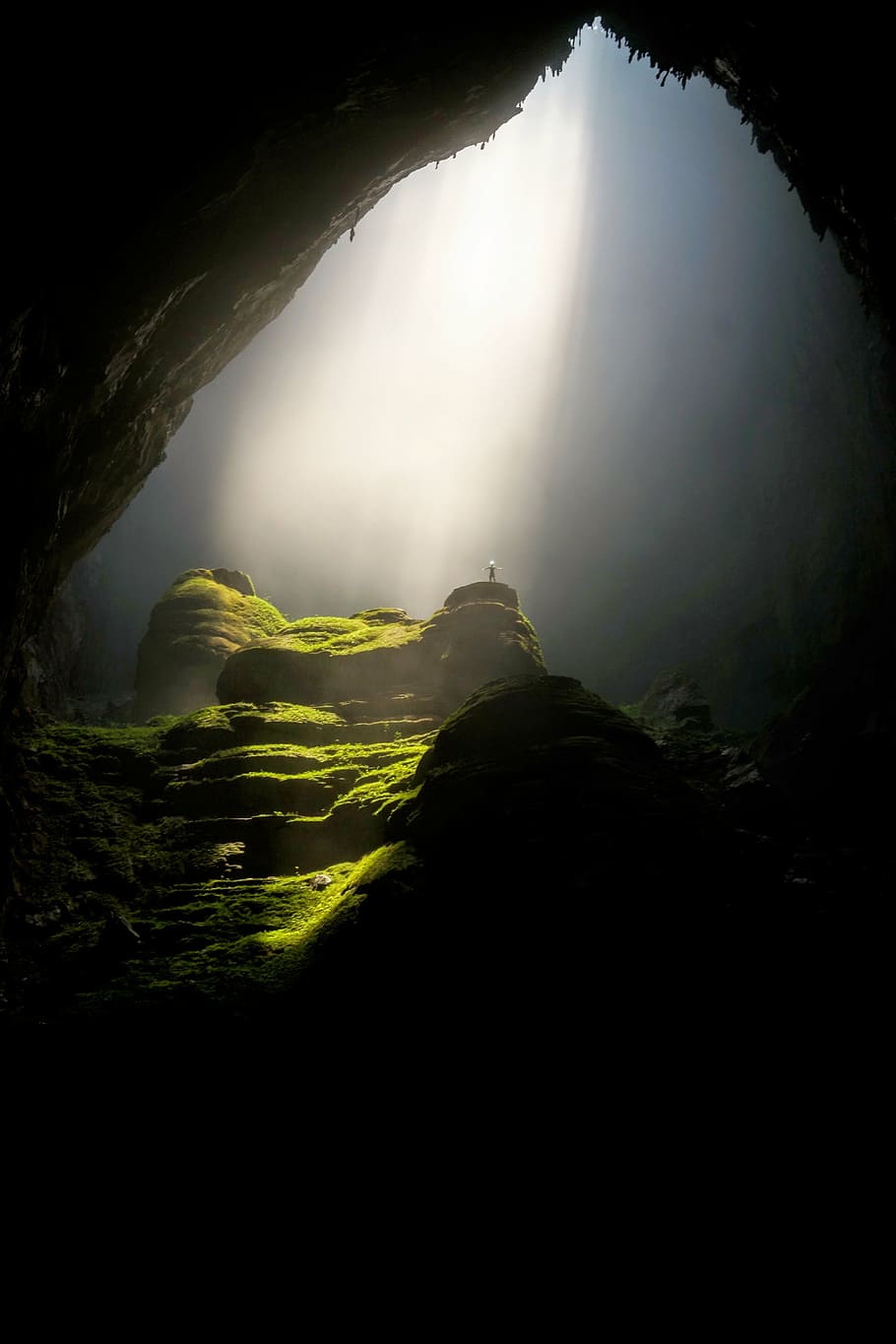 grass covered cave, cave, cavern, dark, daylight, landscape, moss, nature, rocks, stone cave