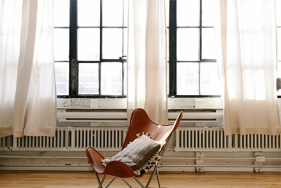 brown, gray, chair, window, throw, pillow, hardwood, windows, curtains, radiators