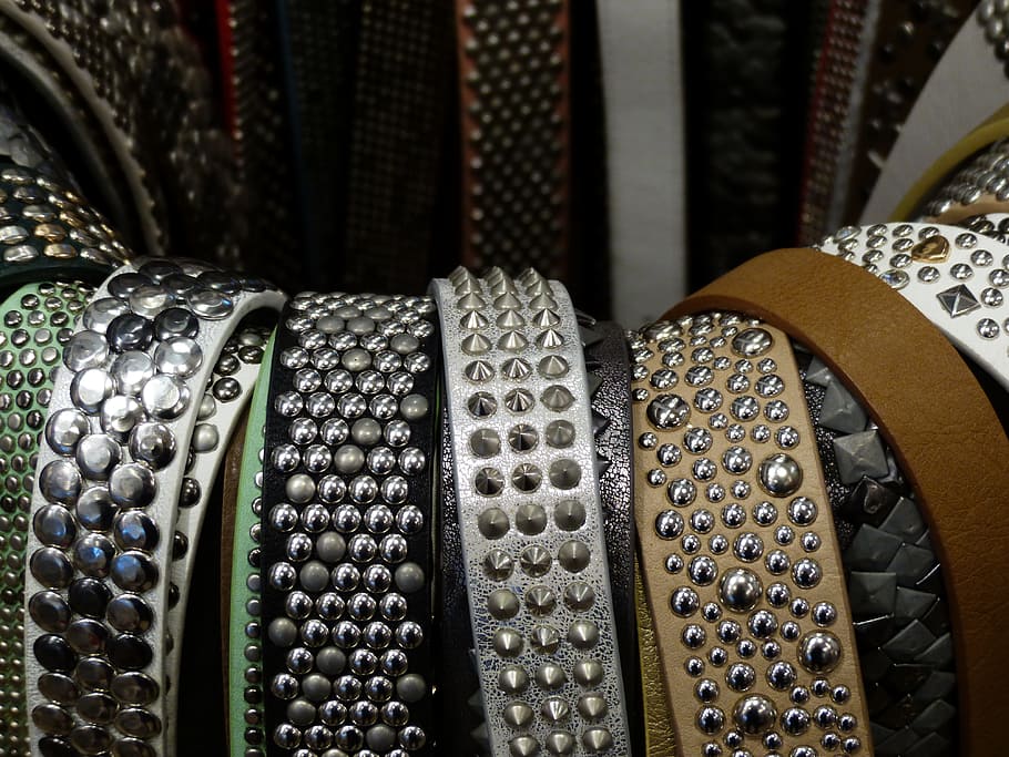 belts, nap, clothing, fashionable, rivet, retail, close-up, indoors, jewelry, pattern