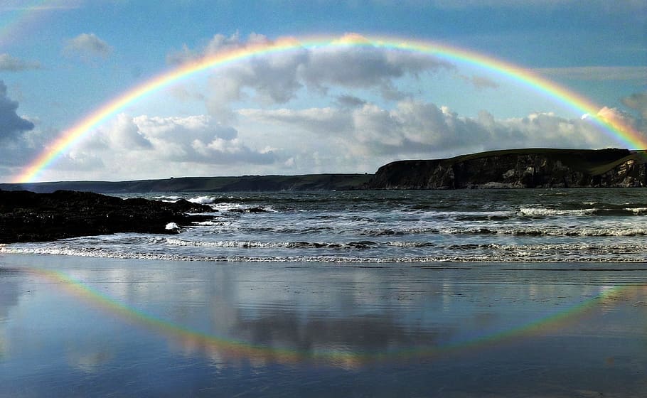 rainbow, reflecting, calm, body, water, seaside, coast, beach, sky, clouds