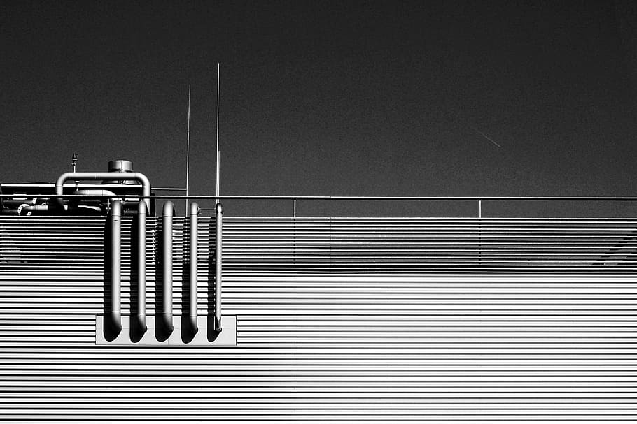 grayscale photo, building, pipes, architecture, structure, pipe, illustration, black And White, copy space, metal