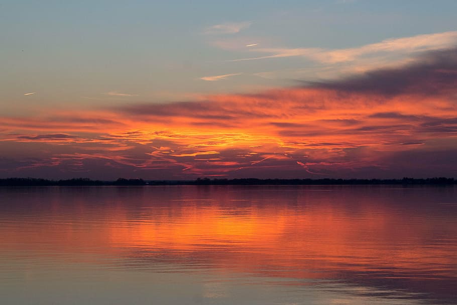 sunset, chesapeake bay, water, maryland, eastern shore, clouds, red, orange, blue, evening