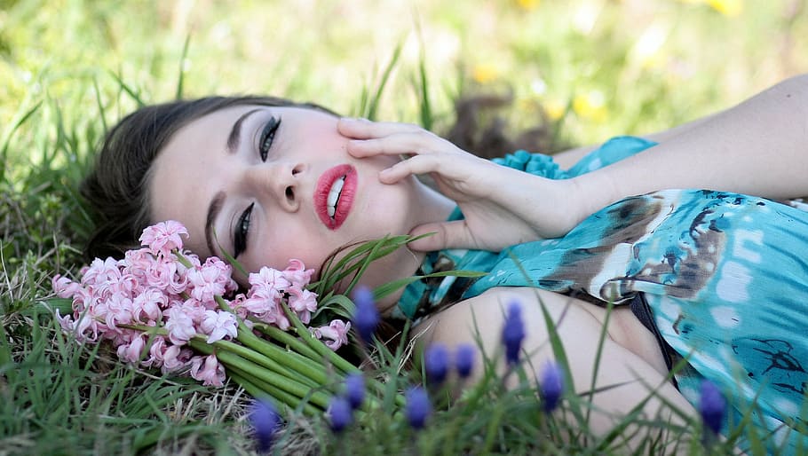 woman, laying, grass field, flowers, girl, hyacinth, nature, beauty, spring, women