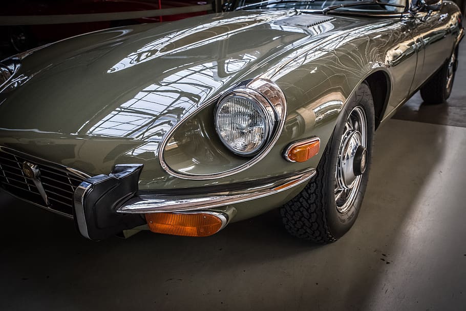 jaguar, e type, auto, classic, chrome, oldtimer, automotive, sports car, spotlight, design