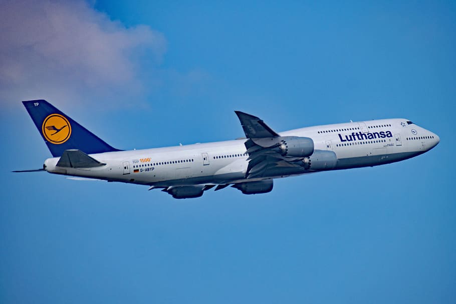 Lufthansa, Самолет, Германия, Аэропорт, Рейн-Майн, начало, взлет, летать, боинг, 747