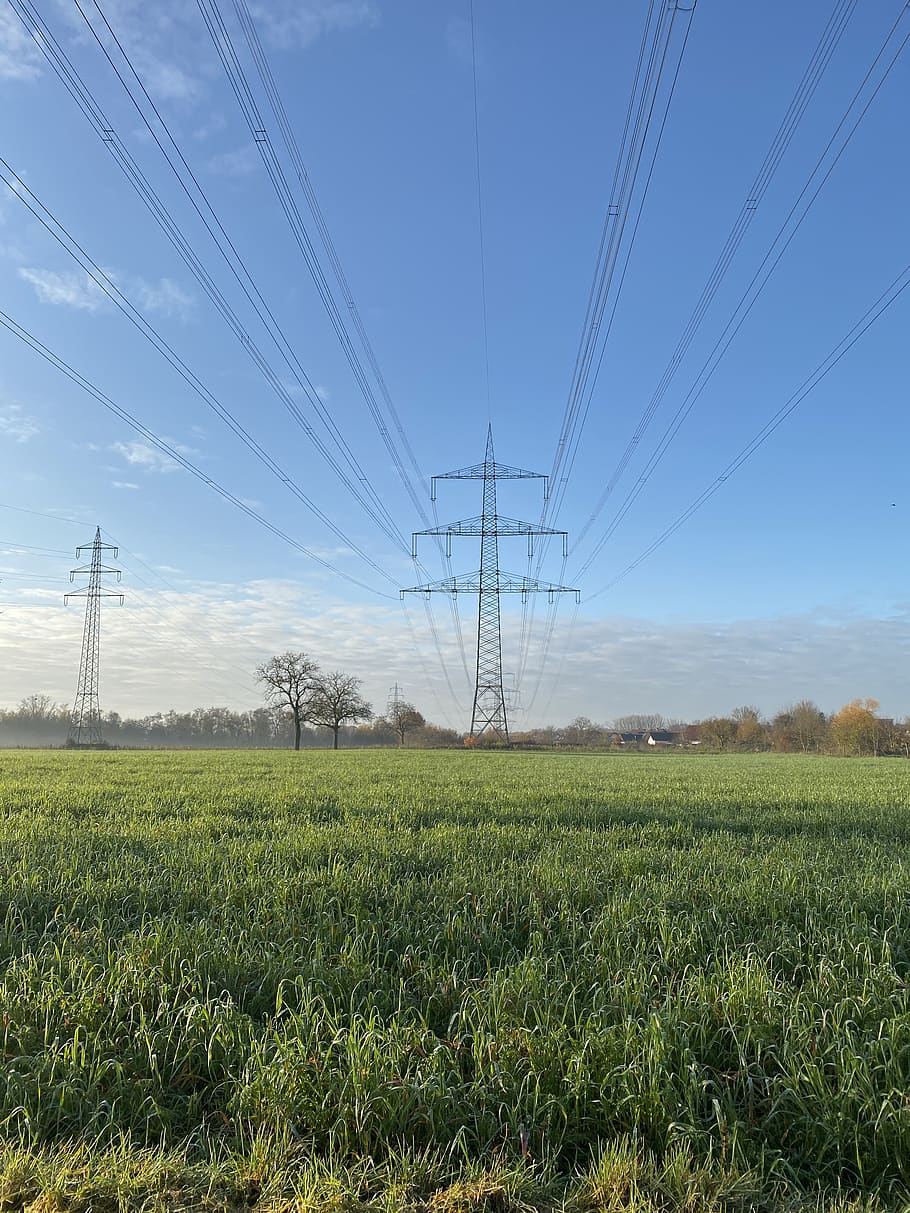 background, power poles, high-voltage power lines, high-voltage pylons, energy supply, sachsen, germany, landscape, nature, field