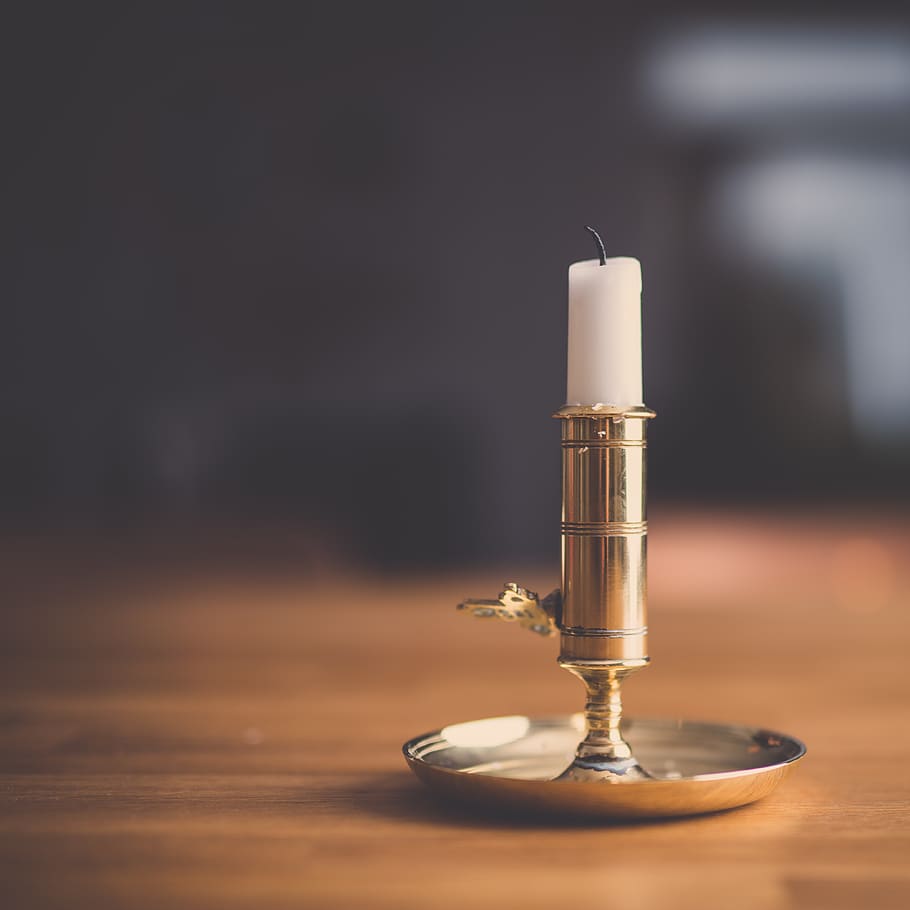 candle, wooden, table, rack, white, gold, bokeh, wick, burning, indoors