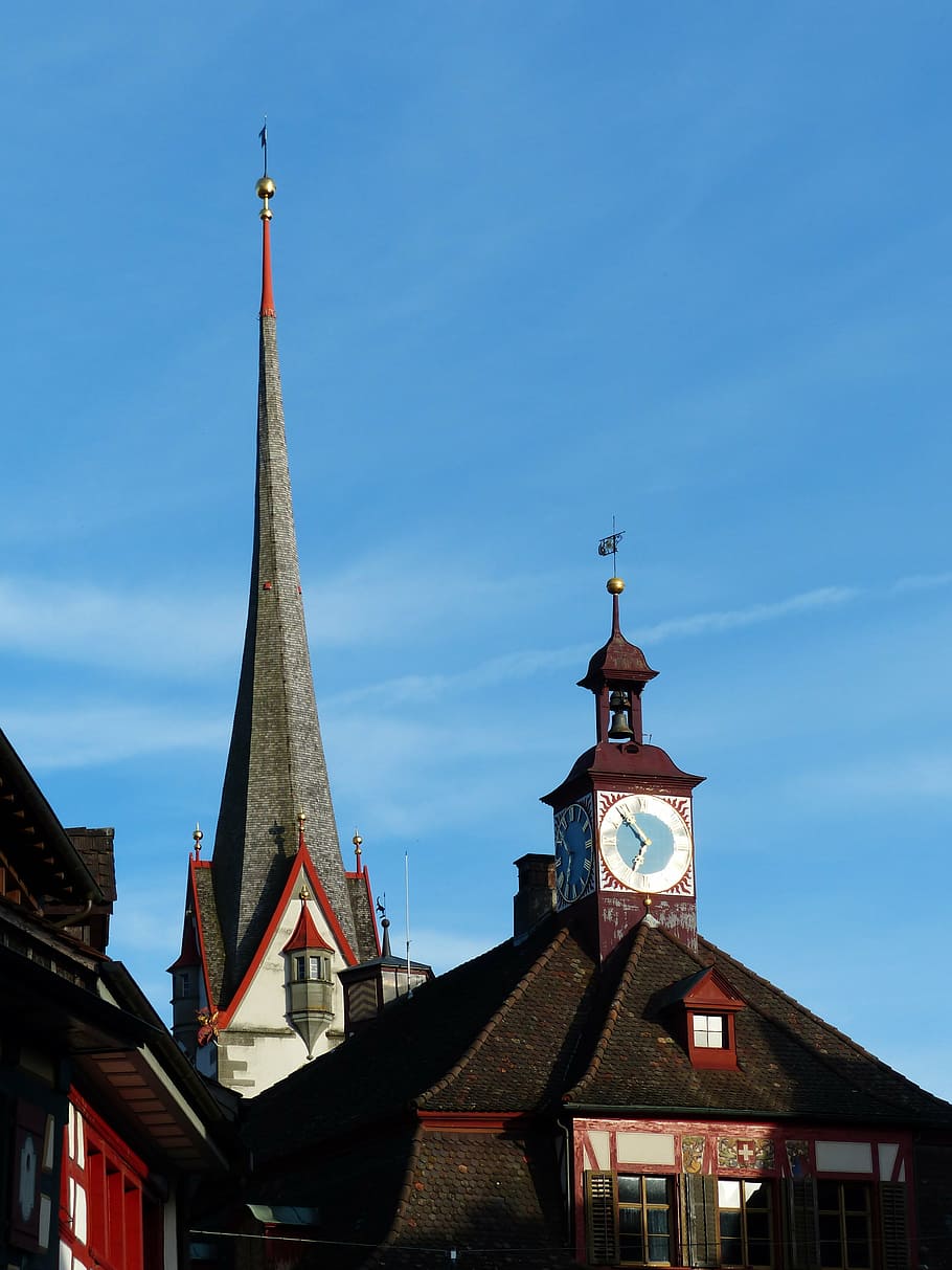 stein am rhein, church, town hall, homes, fachwerkhäuser, facade, bell tower, architecture, old, built structure