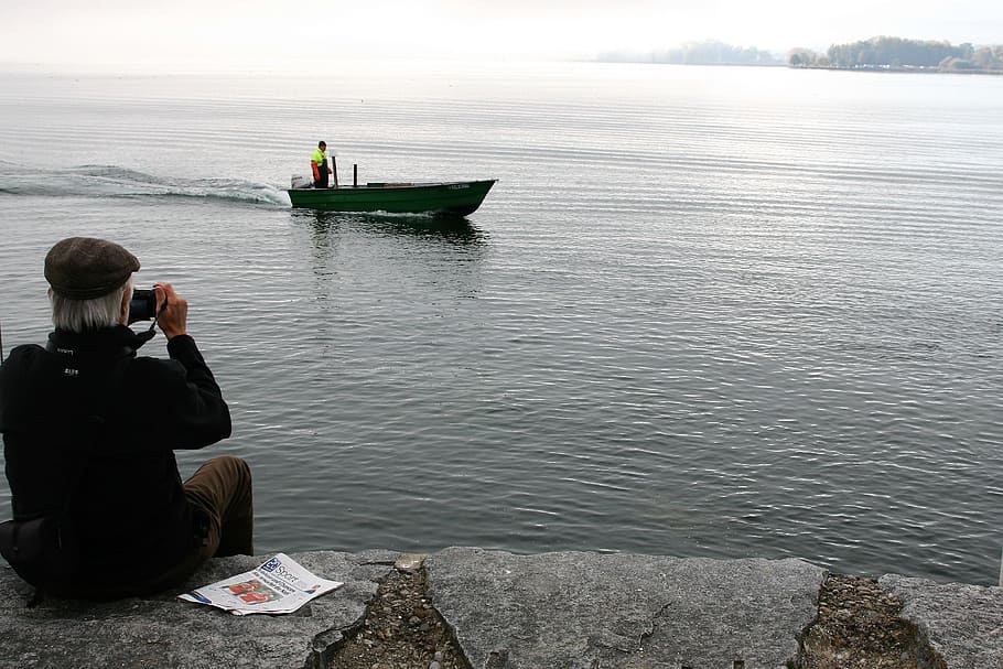 older, photography, rest, peace of mind, senior, the horizon, boat, lake, haze, the fisherman