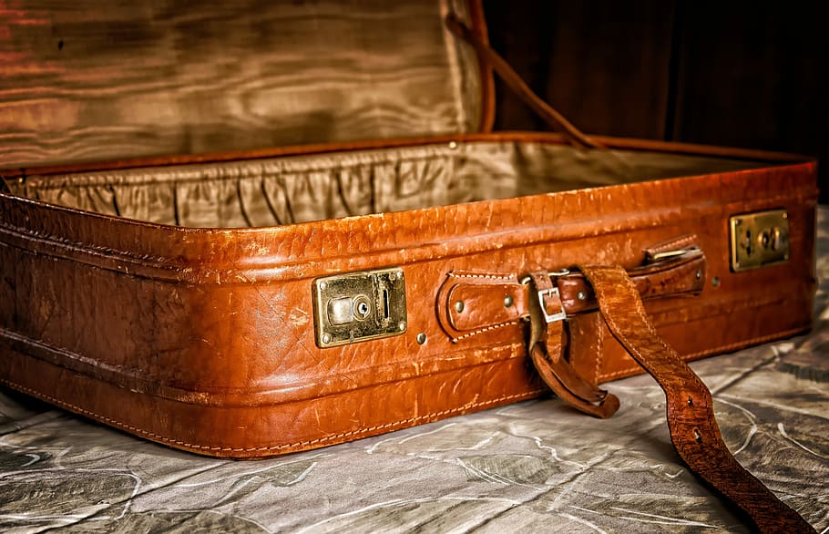 marrón, maleta de cuero, gris, tela, equipaje, embalaje, viajes, vacaciones, maleta vieja, cerrar