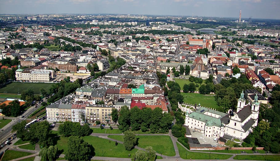 krakow, polandia, antena, arsitektur, monumen, eksterior bangunan, kota, struktur yang dibangun, pemandangan sudut tinggi, bangunan