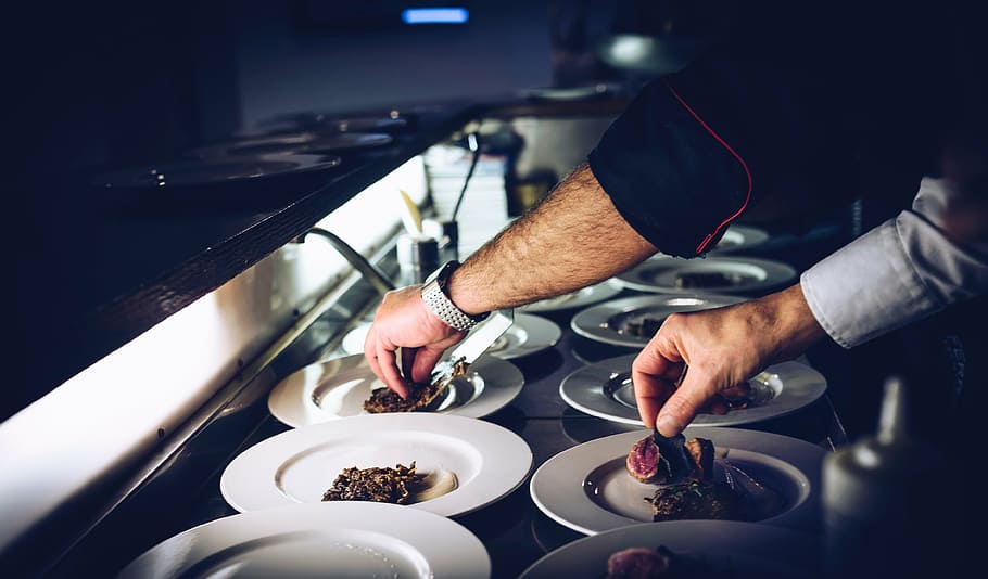 person, preparing, food, served, plates, chef, cook, plate, dish, meat