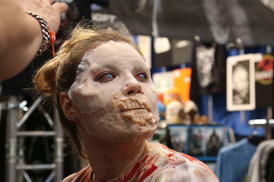 zombie, make up, wajah, fx khusus, horor, headshot, potret, fokus pada latar depan, dewasa, satu orang