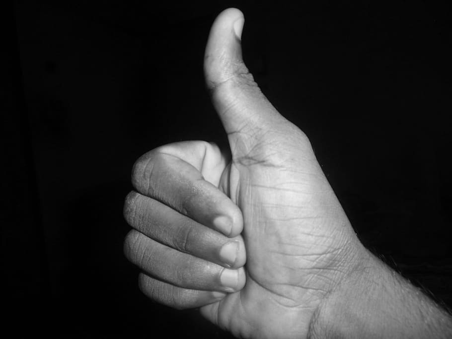 grayscale photo, okay, hand gesture, thumb up, like, sign, hand, ok, good, symbol