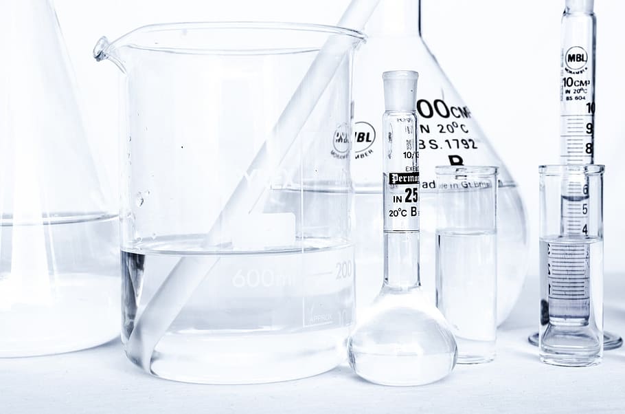 vários, equipamentos químicos de vidro, limpar, vidro, laboratório, conjunto, pesquisa, química, teste, experimento