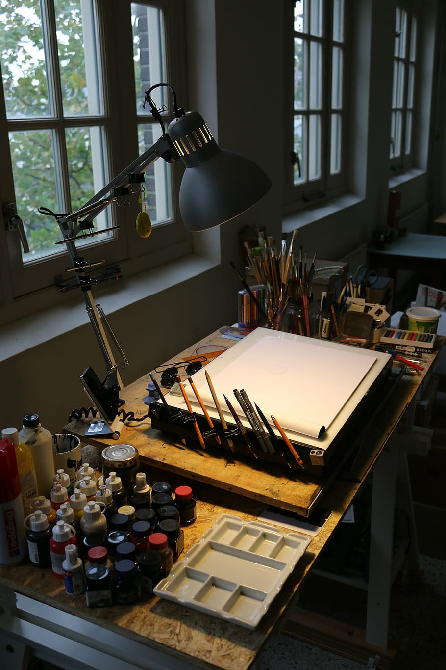closeup, sketch table, set, lamp, workplace, drawing board, creative, pencils, standing desk, paint