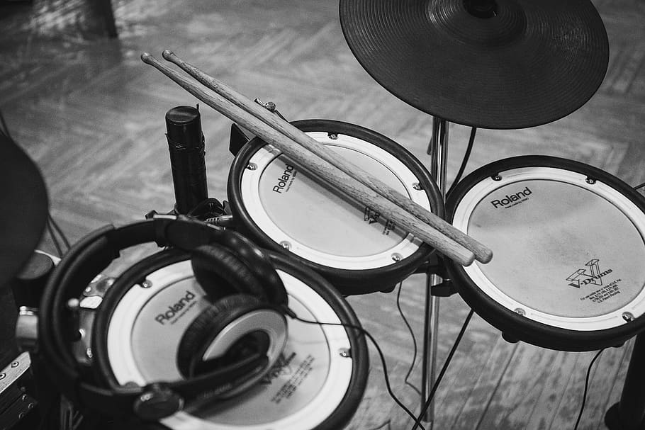 grayscale photo, drum, stick, headphones, pad, electric, set, musical, instrument, sounds