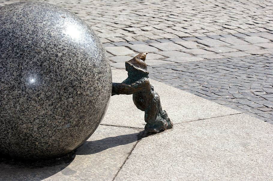 wroclaw, dwarf, imp, sculpture, metal, poland, figure, ball, wrocław, road
