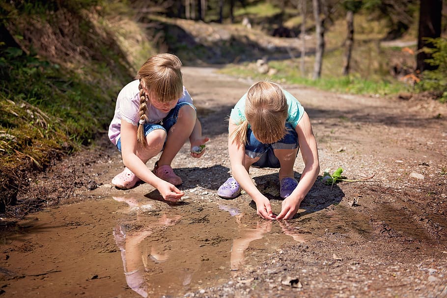 Children, Girl, Nature, Water, puddle, tadpoles, explore, child, outdoors, people