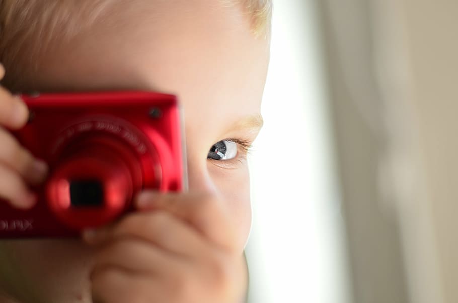 selective, focus photography, boy, holding, red, compact, camera, child, photographer, photograph