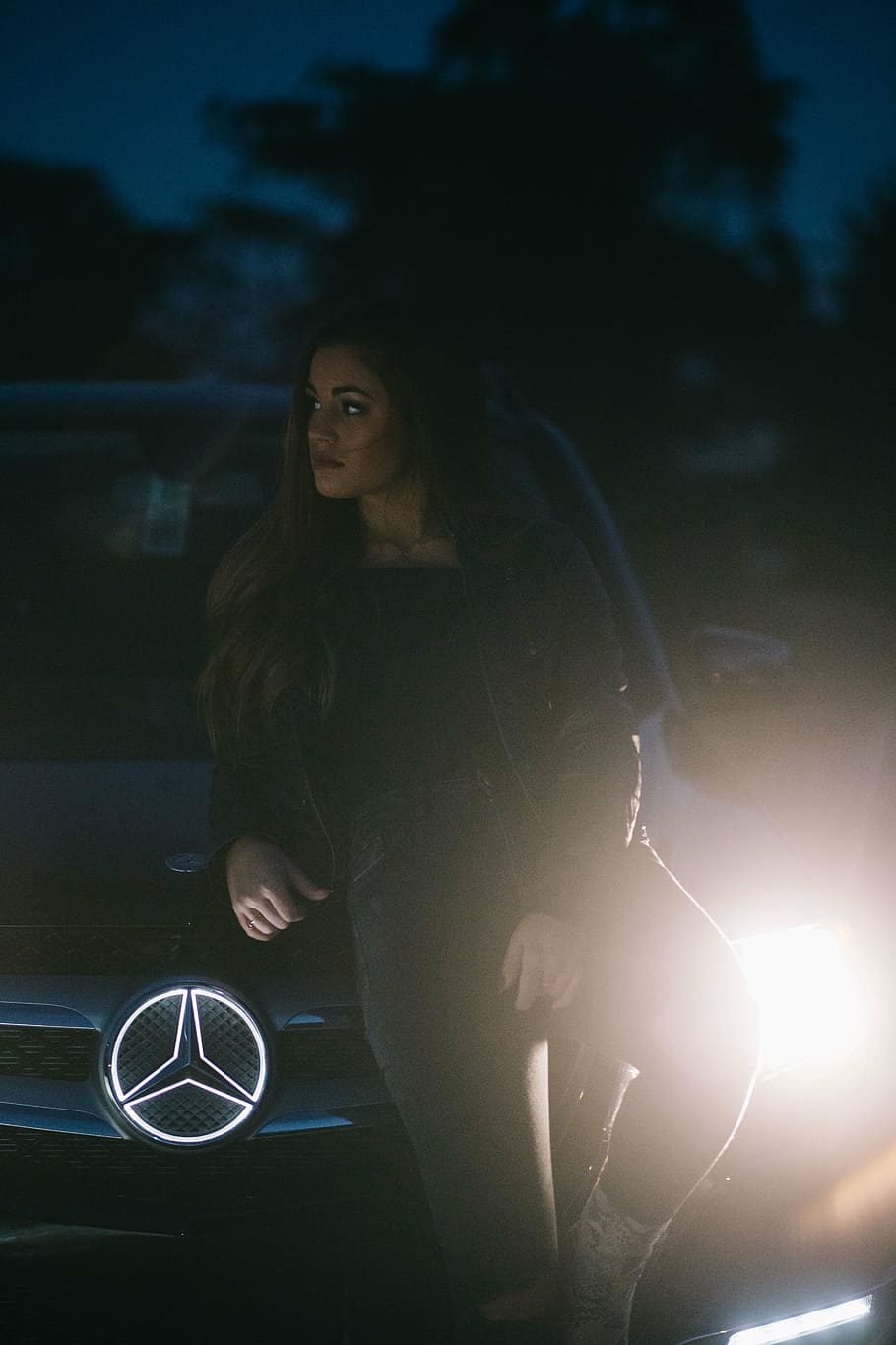 woman, leaning, black, mercedes-benz vehicle, daytime, mercedes, benz, car, night, people