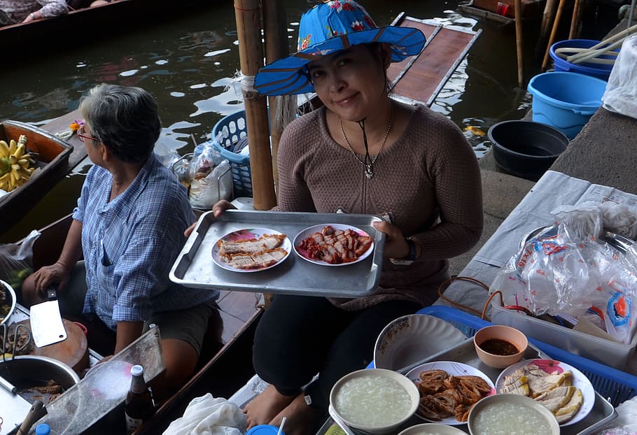 floating market, bangkok, thailand, lady, woman, food, cooking, hat, river, boats