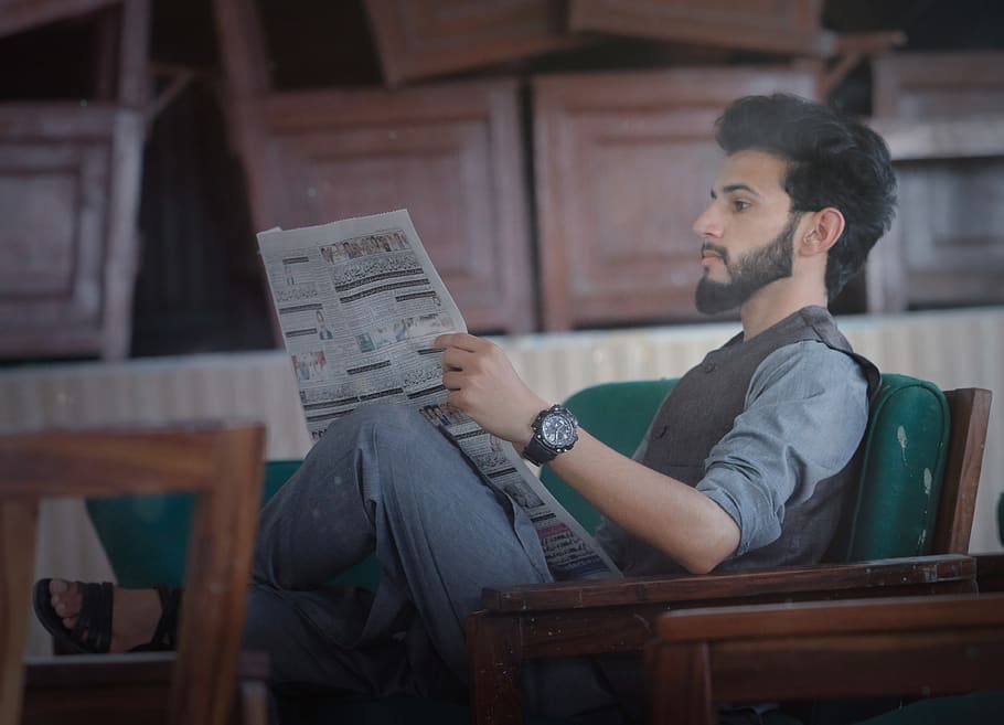 indoors, man, lifestyle, young, portrait, newspaper, reading, old, fashion, man's fashion