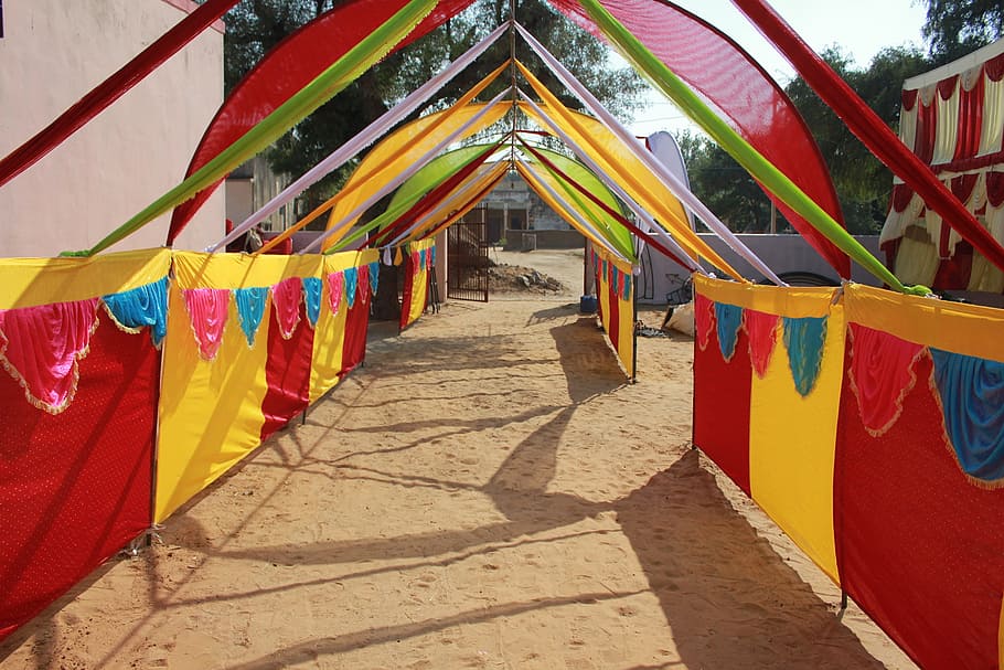 village, marriage, decoration, pathway, tradition, rural, india, multi colored, day, architecture