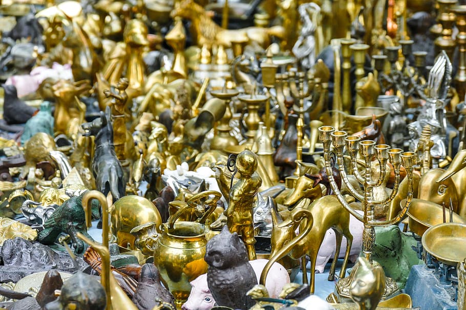 junk, flea market, antique, antiques, sale, second hand, antique market, gold, candlestick, large group of objects