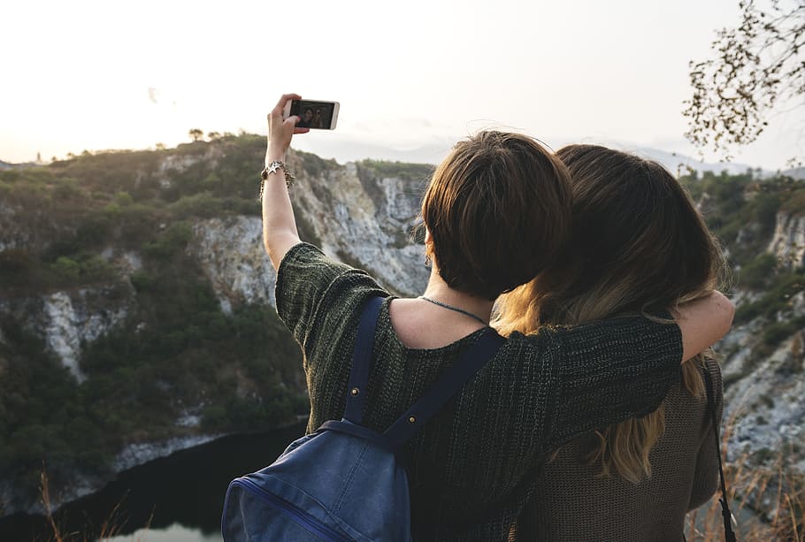 two, person, taking, selfie, phone, dom, travel, together, hiking, friends