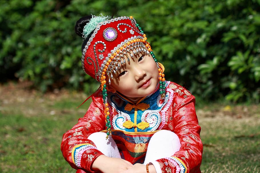 子供, 人々, 喜び, 伝統的, 衣類, モンゴル人, 少数派, かわいい, 女の子, 子供時代