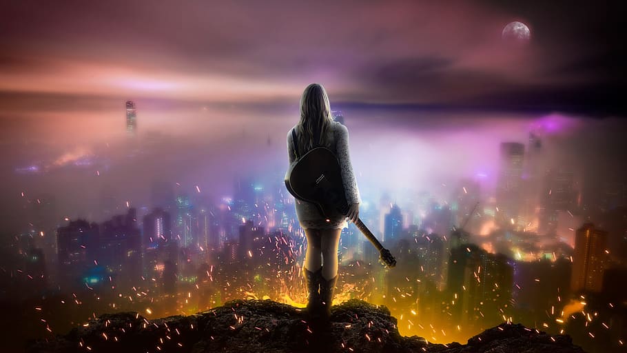 woman, holding, guitar, facing, city buildings, night, city, evening, sunset, sky
