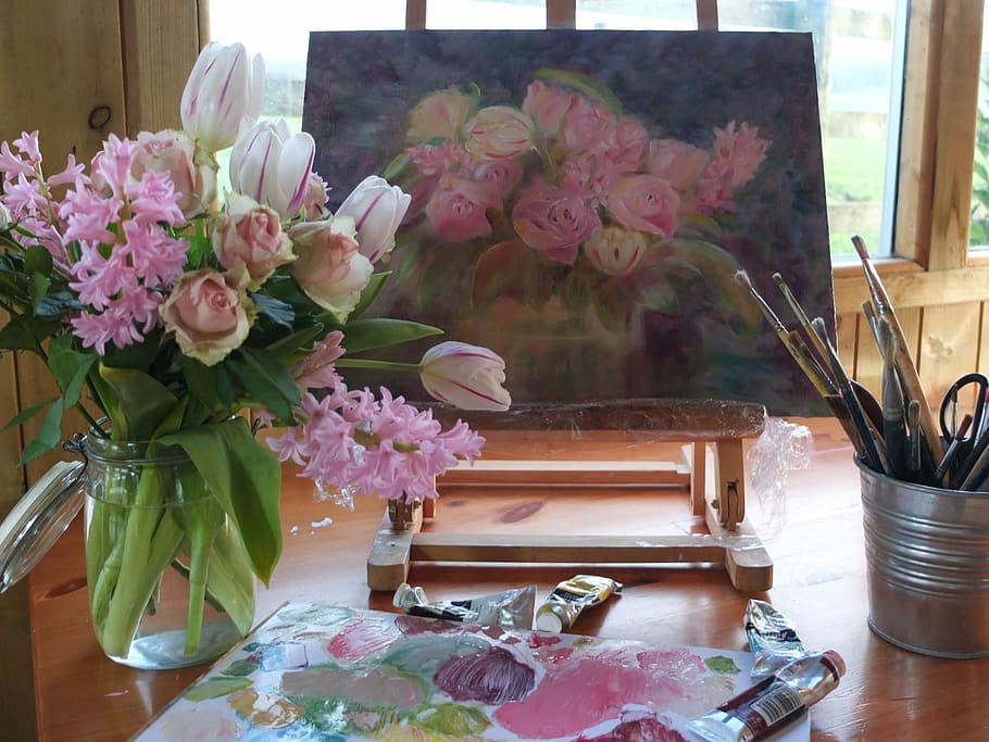 flores, florero, al lado, pintura, arte, artista, pintura al óleo, pincel, vistoso, artístico