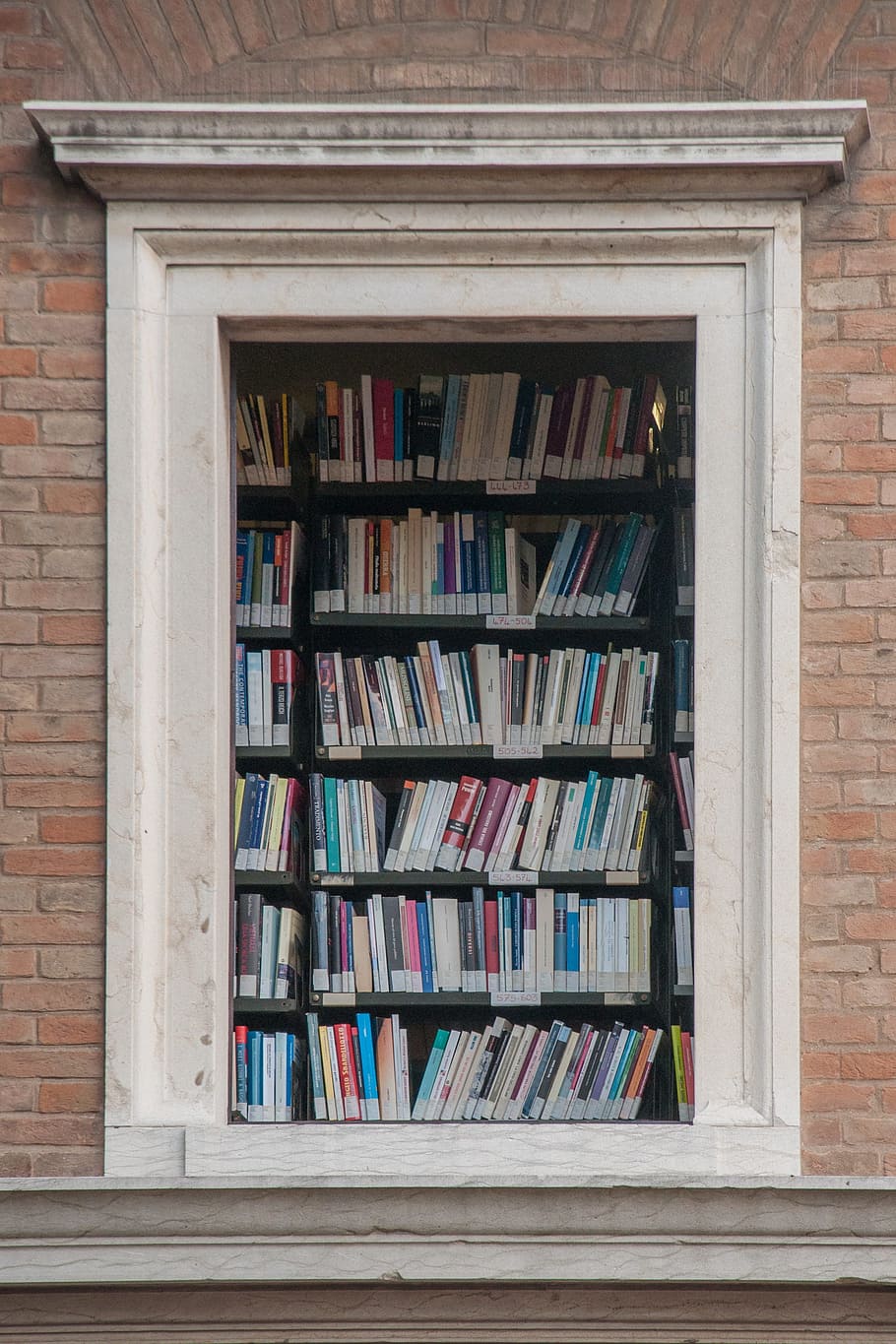 bookshelf, architecture, library, home, shelf, window, facade, building, brick, italy